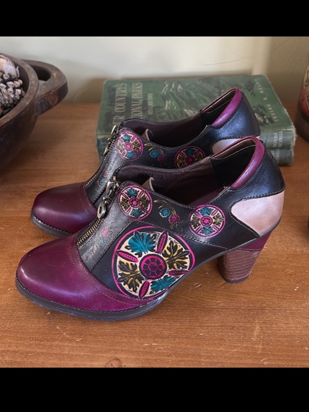 Spring Step L'Artiste Collection Leather Burgundy Floral Boho Steampunk Booties